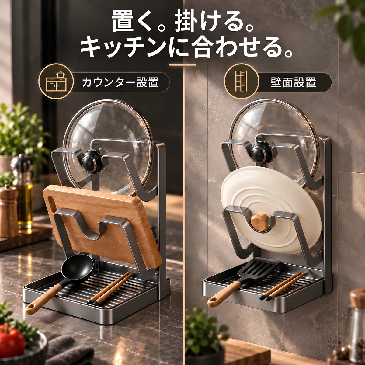PrepDock™|鍋蓋・お玉・まな板対応 マルチキッチンスタンド