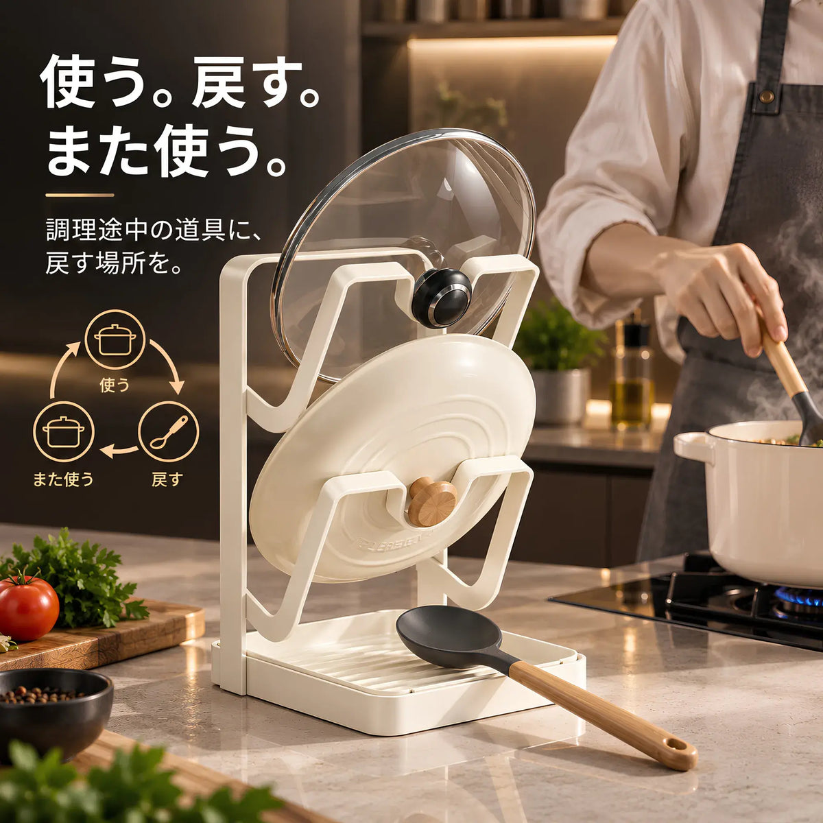 PrepDock™|鍋蓋・お玉・まな板対応 マルチキッチンスタンド