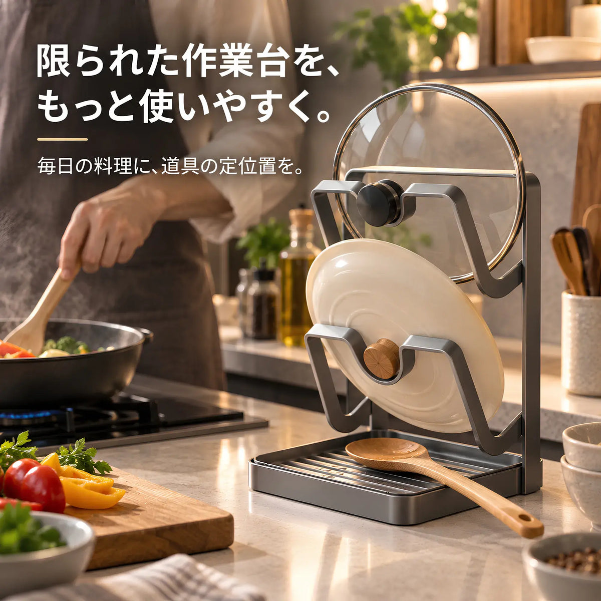 PrepDock™|鍋蓋・お玉・まな板対応 マルチキッチンスタンド