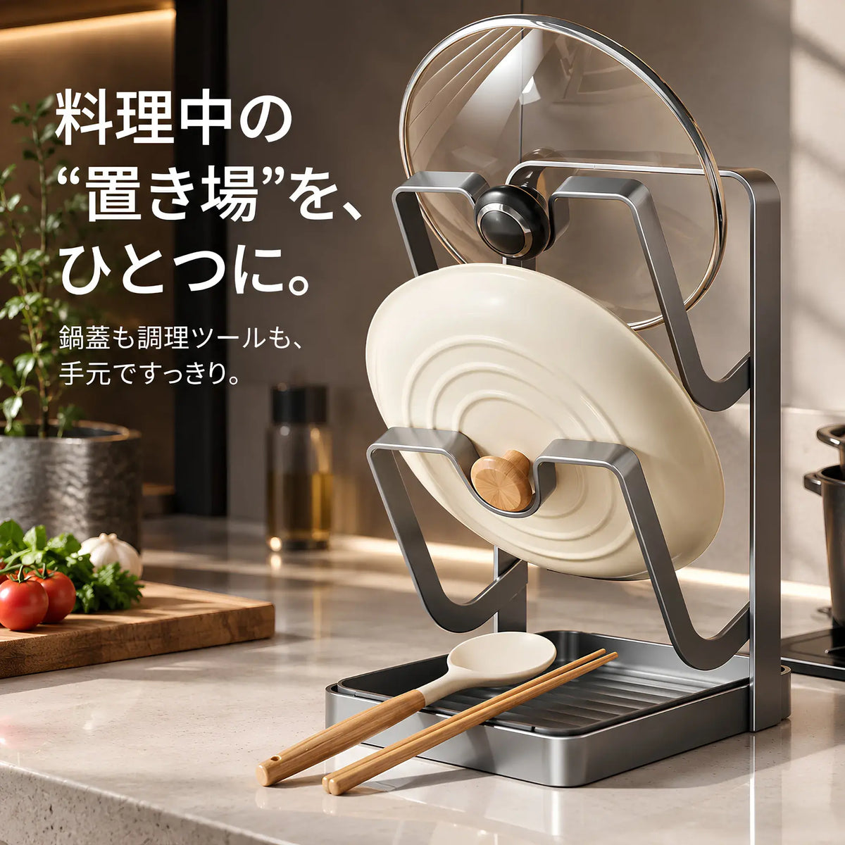 PrepDock™｜鍋蓋・お玉・まな板対応 マルチキッチンスタンド